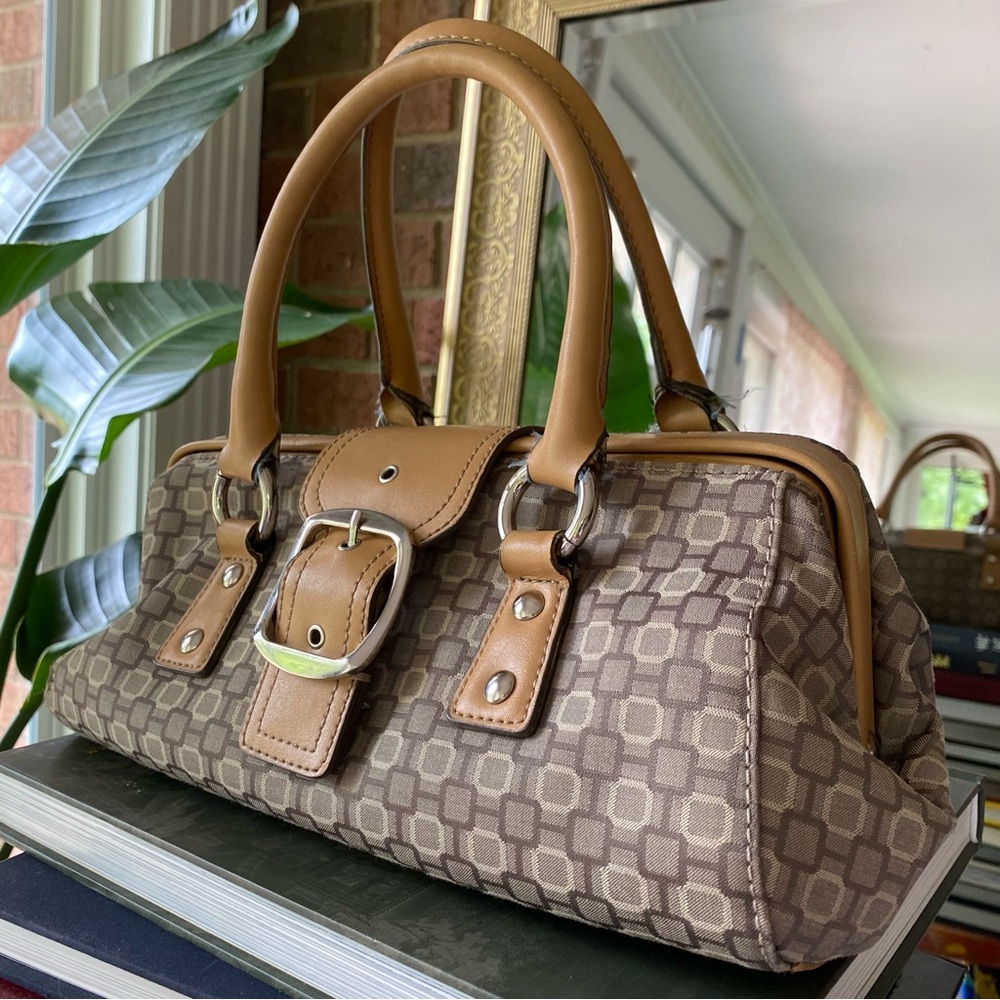 Nine West Geometric-Pattern Fabric Doctors/Satchel Bag w. Tan Faux-Leather